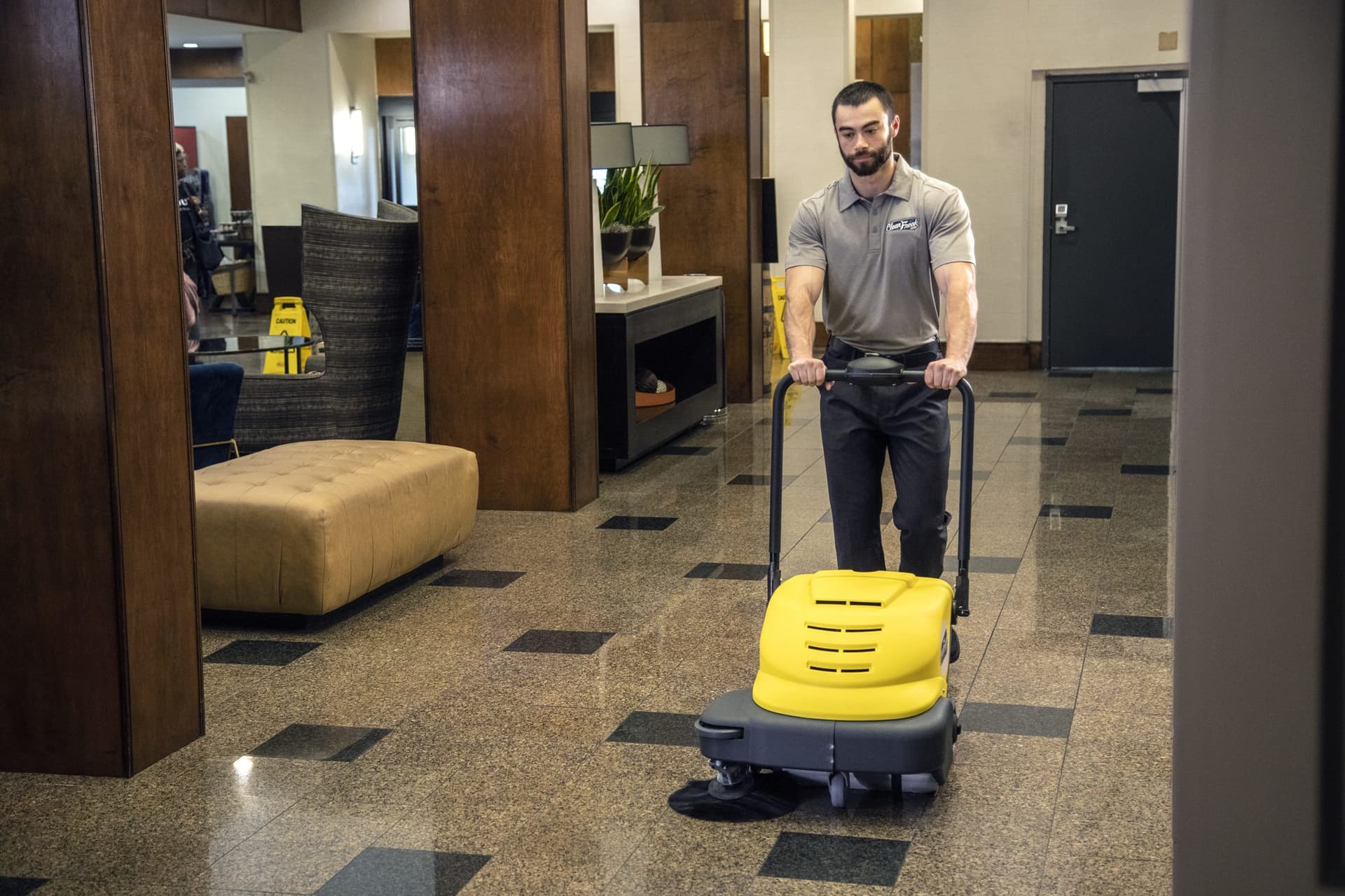 CleanFreak commercial floor scrubber in use; KCA's paid campaigns for CleanFreak tracked $2.7M in revenue over 12 months